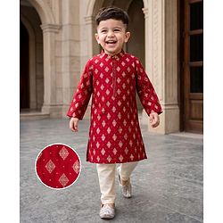 Babyhug Woven Full Sleeves Floral Foil Printed Kurta Pyjama Set - Red