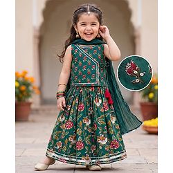 Babyhug 100% Cotton Woven Sleeveless Floral Printed Choli Lehenga Set With Dupatta - Green