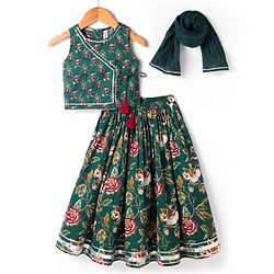Babyhug 100% Cotton Woven Sleeveless Floral Printed Choli Lehenga Set With Dupatta - Green