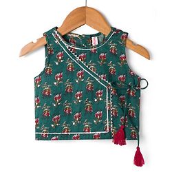 Babyhug 100% Cotton Woven Sleeveless Floral Printed Choli Lehenga Set With Dupatta - Green