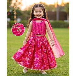 Babyhug Chanderi Woven Sleeveless Lehenga Choli and Dupatta Set With Bandhani Print & Floral Embroidery - Pink