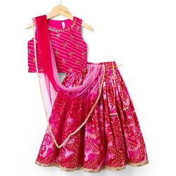 Babyhug Chanderi Woven Sleeveless Lehenga Choli and Dupatta Set With Bandhani Print & Floral Embroidery - Pink