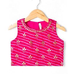 Babyhug Chanderi Woven Sleeveless Lehenga Choli and Dupatta Set With Bandhani Print & Floral Embroidery - Pink