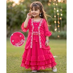 Babyhug Georgette Woven Three Fourth Sleeves Floral Embroidered Lehenga Choli and Jacket Set - Pink