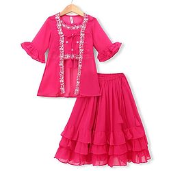 Babyhug Georgette Woven Three Fourth Sleeves Floral Embroidered Lehenga Choli and Jacket Set - Pink
