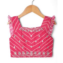 Babyhug Chanderi Woven Sleeveless Lehariya Printed With Mirror Embroidered Lehenga Choli and Dupatta Set - Pink & Yellow