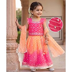 Babyhug Chanderi Woven Sleeveless Lehariya Printed With Mirror Embroidered Lehenga Choli and Dupatta Set - Pink & Yellow