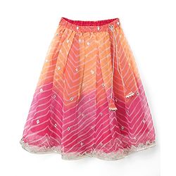 Babyhug Chanderi Woven Sleeveless Lehariya Printed With Mirror Embroidered Lehenga Choli and Dupatta Set - Pink & Yellow