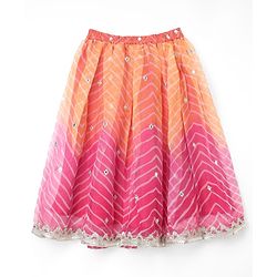 Babyhug Chanderi Woven Sleeveless Lehariya Printed With Mirror Embroidered Lehenga Choli and Dupatta Set - Pink & Yellow