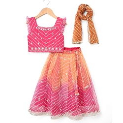 Babyhug Chanderi Woven Sleeveless Lehariya Printed With Mirror Embroidered Lehenga Choli and Dupatta Set - Pink & Yellow