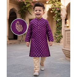 Babyhug Brocade Woven Full Sleeves Kurta Pajama Set with Kolka Embroidery - Purple