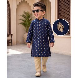 Babyhug Brocade Woven Full Sleeves Kurta Pajama Set with Kolka Embroidery - Navy