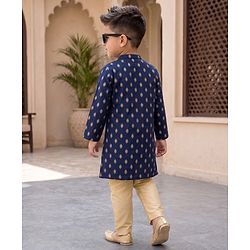 Babyhug Brocade Woven Full Sleeves Kurta Pajama Set with Kolka Embroidery - Navy