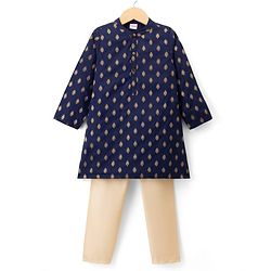 Babyhug Brocade Woven Full Sleeves Kurta Pajama Set with Kolka Embroidery - Navy