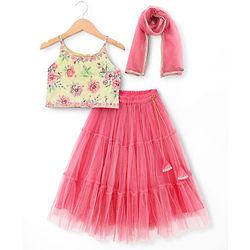 Babyhug Net Woven Half Sleeve Chanderi Floral Embroidered Lehenga Choli and Dupatta Set - Pink & Green