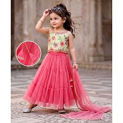 Babyhug Net Woven Half Sleeve Chanderi Floral Embroidered Lehenga Choli and Dupatta Set - Pink & Green