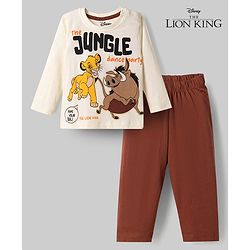 Babyhug Disney Single Jersey Knit Full Sleeves T-Shirt & Pyjama Night Suit Lion King Print - White & Brown