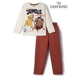 Babyhug Disney Single Jersey Knit Full Sleeves T-Shirt & Pyjama Night Suit Lion King Print - White & Brown