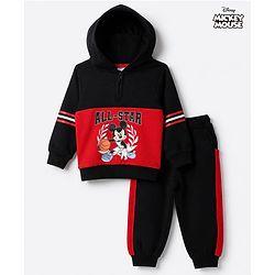 Babyhug Disney 100% Cotton Terry Knit Full Sleeves Hooded Sweatshirt and Pant with Mickey Mouse Graphic & Cut & Sew in Black