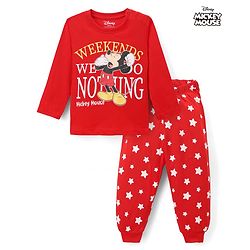 Babyhug Disney Single Jersey Knit Full Sleeves T-Shirt & Pyjama Night Suit with Mickey Mouse & Star Print - Red