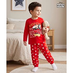 Babyhug Disney Single Jersey Knit Full Sleeves T-Shirt & Pyjama Night Suit with Mickey Mouse & Star Print - Red