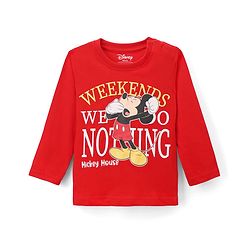 Babyhug Disney Single Jersey Knit Full Sleeves T-Shirt & Pyjama Night Suit with Mickey Mouse & Star Print - Red