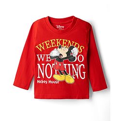 Babyhug Disney Single Jersey Knit Full Sleeves T-Shirt & Pyjama Night Suit with Mickey Mouse & Star Print - Red