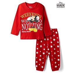 Babyhug Disney Single Jersey Knit Full Sleeves T-Shirt & Pyjama Night Suit with Mickey Mouse & Star Print - Red