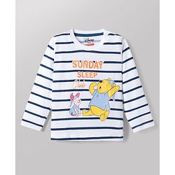 Babyhug Disney Single Jersey Knit Full Sleeves Striped T-Shirt & Pyjama Night Suit with Winnie the Pooh Graphics - White & Blue