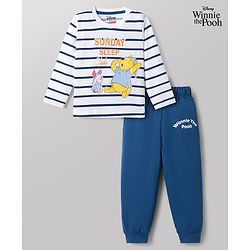 Babyhug Disney Single Jersey Knit Full Sleeves Striped T-Shirt & Pyjama Night Suit with Winnie the Pooh Graphics - White & Blue