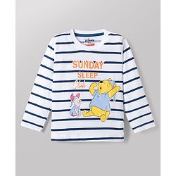 Babyhug Disney Single Jersey Knit Full Sleeves Striped T-Shirt & Pyjama Night Suit with Winnie the Pooh Graphics - White & Blue