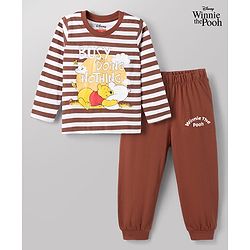 Babyhug Disney Single Jersey Knit Full Sleeves Striped T-Shirt & Pyjama Night Suit with Winnie the Pooh Graphic - Brown
