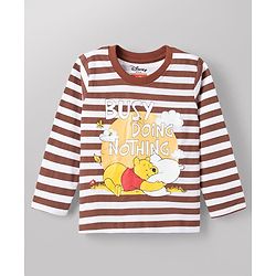 Babyhug Disney Single Jersey Knit Full Sleeves Striped T-Shirt & Pyjama Night Suit with Winnie the Pooh Graphic - Brown
