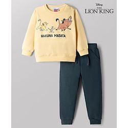 Babyhug Disney Terry Knit Fell Sleeves Sweatshirt and Joggers Set With Simba Timon and Pumbaa Print - Yellow