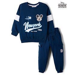 Babyhug Disney Terry Knit Full Sleeves TSweatshirt & Track Pant Set With Mickey Mouse Graphic - Navy Blue