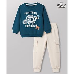 Babyhug Disney Terry Knit Full Sleeves Sweatshirt & Joggers Set with Mickey Mouse Graphic - Teal Blue