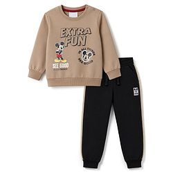 Babyhug Disney Terry Knit Full Sleeves Sweatshirt & Joggers Set With Mickey Mouse Graphic - Tan