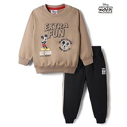 Babyhug Disney Terry Knit Full Sleeves Sweatshirt & Joggers Set With Mickey Mouse Graphic - Tan