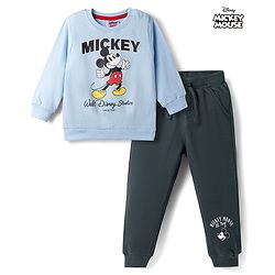 Babyhug Disney 100% Cotton Knit Full Sleeves Sweatshirt & Trackpant Winter Wear Suit With Mickey Mouse Graphics - Light Blue