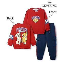 Babyhug Disney Terry Knit Full Sleeves Sweatshirt & Joggers Set with Simba & Friends Graphic at Front & Back - Red & Navy Blue