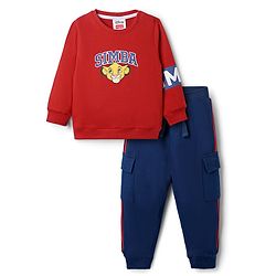 Babyhug Disney Terry Knit Full Sleeves Sweatshirt & Joggers Set with Simba & Friends Graphic at Front & Back - Red & Navy Blue
