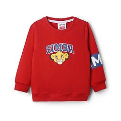 Babyhug Disney Terry Knit Full Sleeves Sweatshirt & Joggers Set with Simba & Friends Graphic at Front & Back - Red & Navy Blue