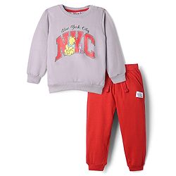 Babyhug Disney Terry Knit Full Sleeves Sweatshirt & Trackpants with Winnie The Pooh Graphic - Lavender & Red