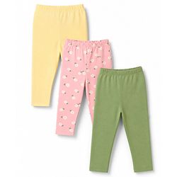Babyhug Cotton Lycra Knit Full Length Solid & Floral Printed Leggings Pack Of 3 - Pink Green & Yellow
