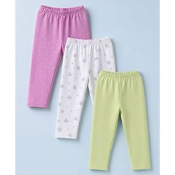 Babyhug Cotton Lycra Knit Full Length Polka Dots & Floral Printed Leggings Pack of 3 - Purple White & Light Green