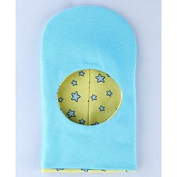 Babyhug Cotton Knit Reversible Monkey Cap With Star Design Light Blue - Diameter 14.5 cm