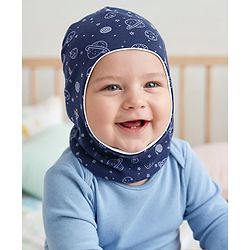 Babyhug Cotton Knit Reversible Monkey Cap With Star Design Navy Blue - Diameter 14.5 cm