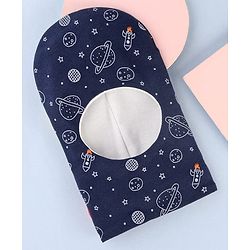 Babyhug Cotton Knit Reversible Monkey Cap With Star Design Navy Blue - Diameter 14.5 cm