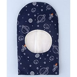 Babyhug Cotton Knit Reversible Monkey Cap With Star Design Navy Blue - Diameter 14.5 cm