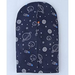 Babyhug Cotton Knit Reversible Monkey Cap With Star Design Navy Blue - Diameter 14.5 cm